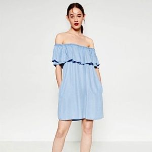 Zara Denim Off Shoulder Ruffle Dress